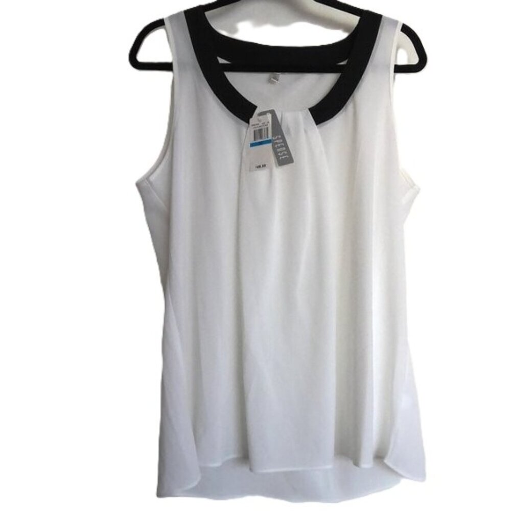NWT Spense Top Sleeveless Stretch Semi Sheer Flowy White W/ Black Trim Sz XL
